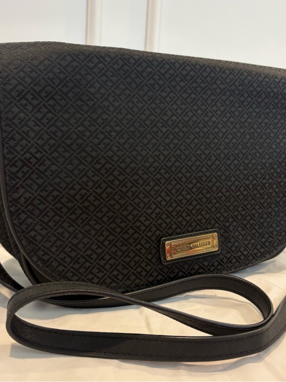 Tommy Hilfiger Black Monogram Crossbody Bag with Gold Plaque